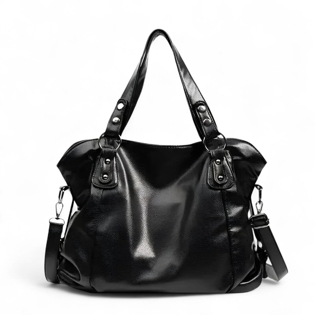 Grand sac hobo en cuir végan grainé noir, de face, anses rivetées et bandoulière détachable