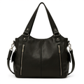 Grand sac noir en cuir végan, de face, doubles zips verticaux, anses rivetées et bandoulière amovible