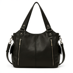 Grand sac noir en cuir végan, de face, doubles zips verticaux, anses rivetées et bandoulière amovible