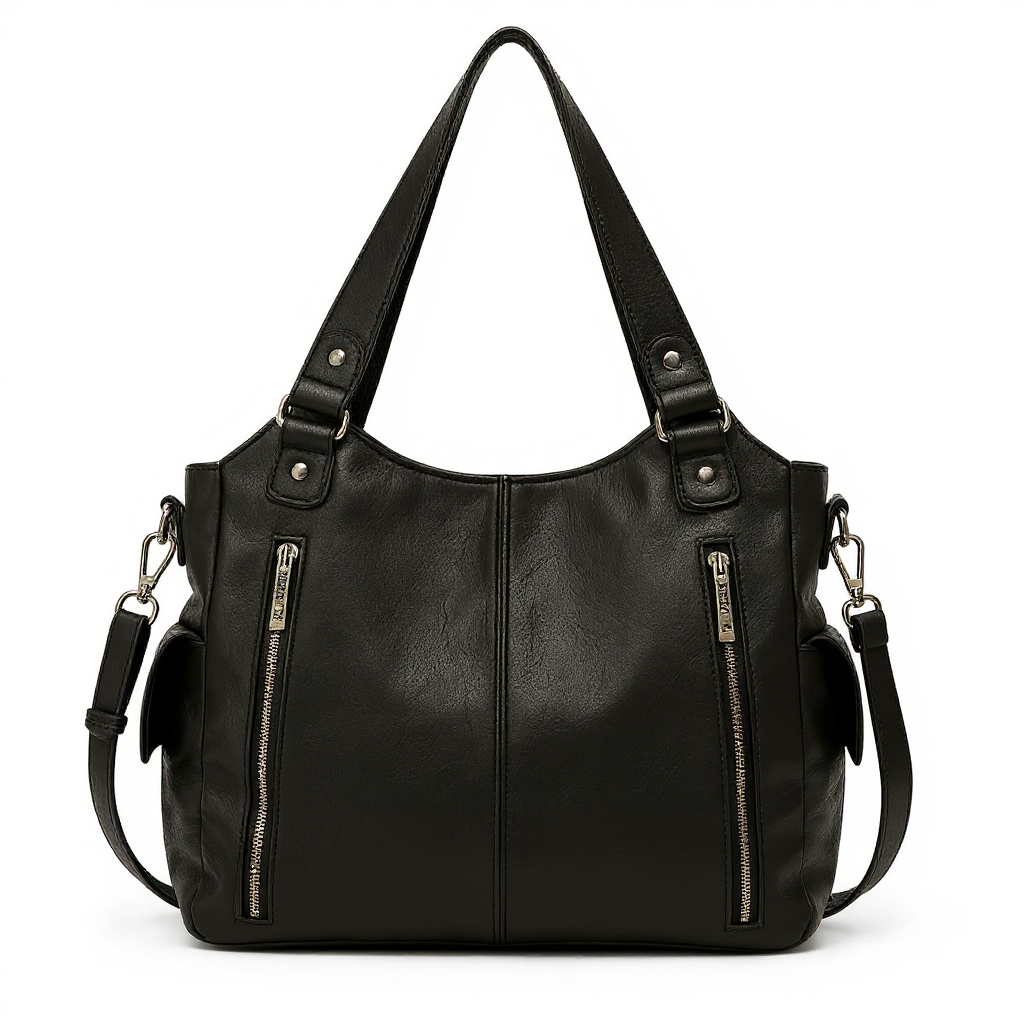 Grand sac noir en cuir végan, de face, doubles zips verticaux, anses rivetées et bandoulière amovible