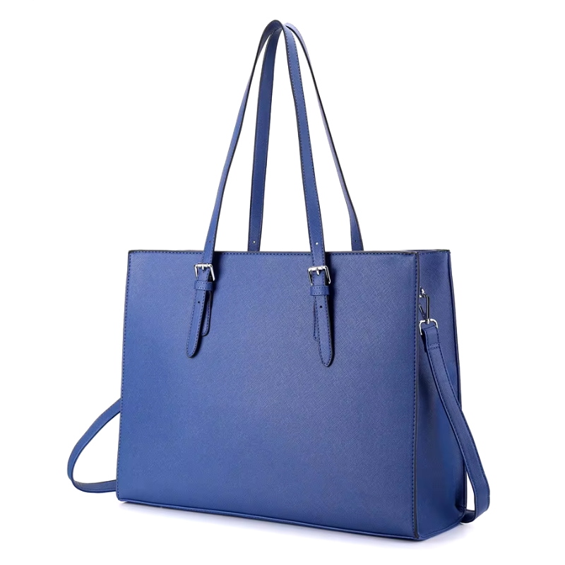 Cabas en cuir végan bleu indigo de trois quarts, longues anses à boucles et fermeture zippée