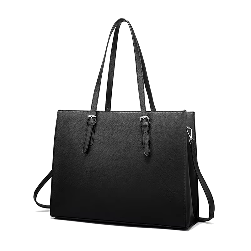 Cabas structuré en cuir végan noir vu de trois quarts, doubles anses à boucles et zip latéral