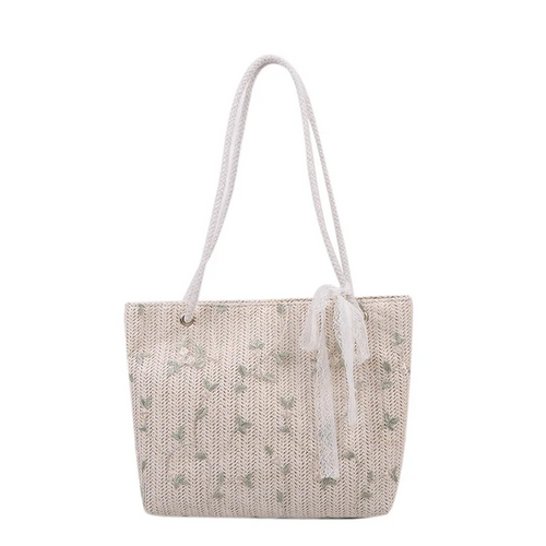 Cabas en paille tressée écrue à broderies florales, nœud de dentelle et longues anses cordées