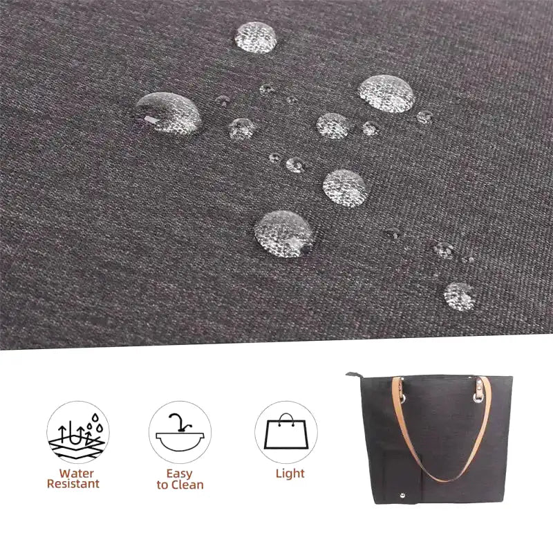 Gouttes d'eau perlant sur la toile chinée du sac, pictogrammes déperlant, facile à nettoyer et léger