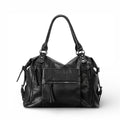 Sac hobo noir en cuir végan souple, vue de face, poche zippée frontale et anses doublées
