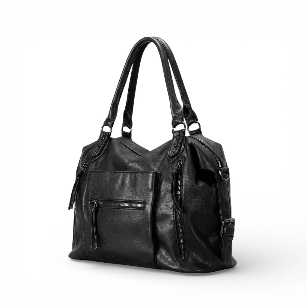 Cuir végan noir plissé, sac vu de trois quarts arrière, glissières latérales et fond souple
