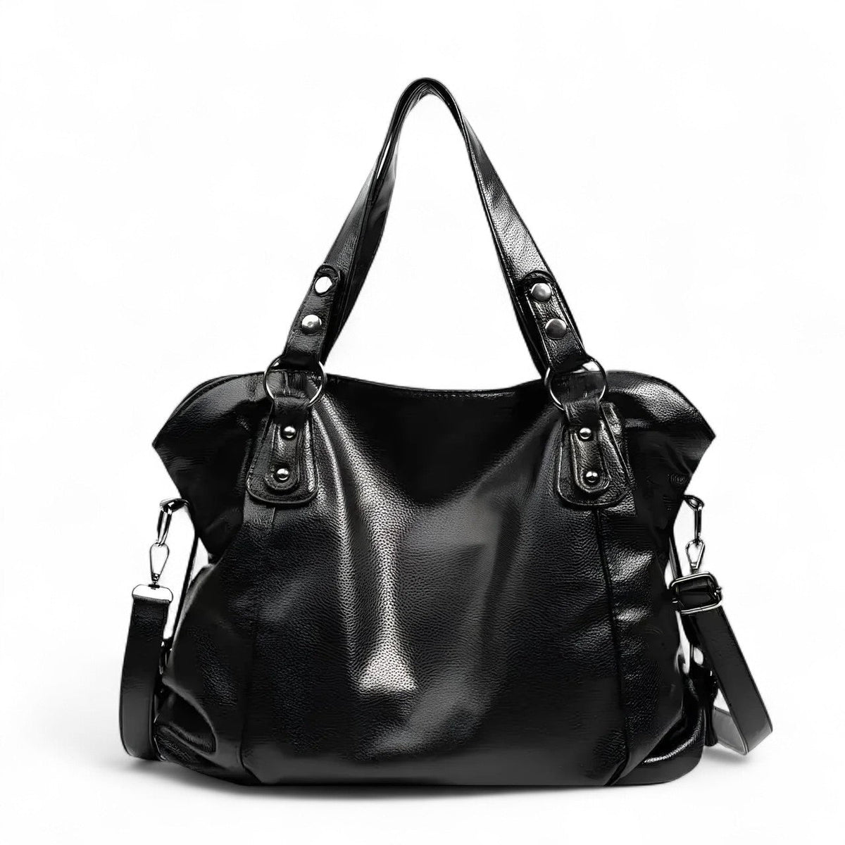 Grand sac hobo en cuir végan grainé noir, de face, anses rivetées et bandoulière détachable