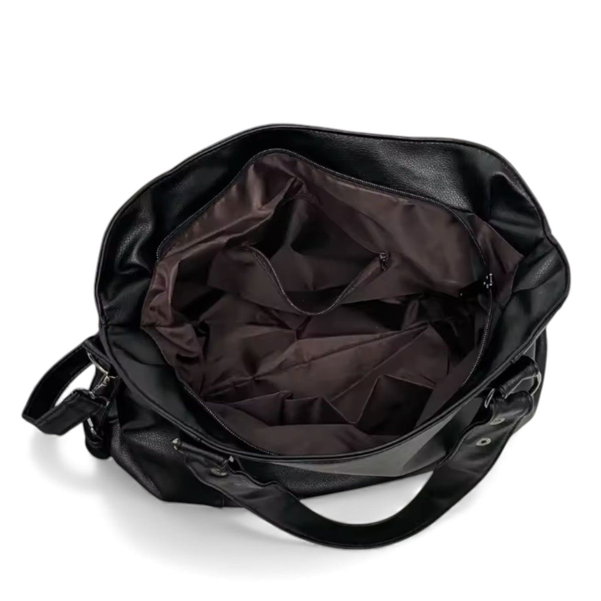 Intérieur doublé de tissu brun, large compartiment ouvert et poche zippée du grand sac noir