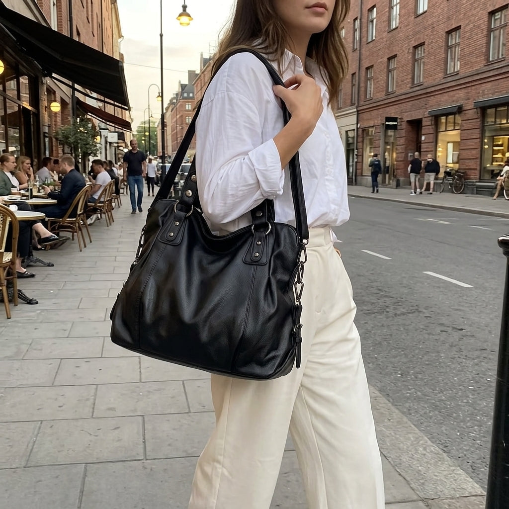 En pleine rue, le grand sac noir souple porté à l'épaule sur une chemise blanche et un pantalon crème