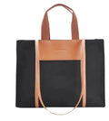 Cabas en toile noire à bandeau et anses de cuir végan camel, poche plaquée et fine bandoulière