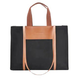Cabas en toile noire à bandeau et anses de cuir végan camel, poche plaquée et fine bandoulière