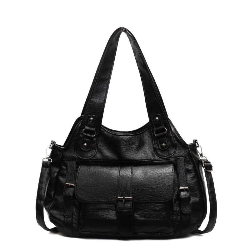 Sac hobo en cuir végan noir à poche à rabat bouclée, doubles anses et bandoulière amovible