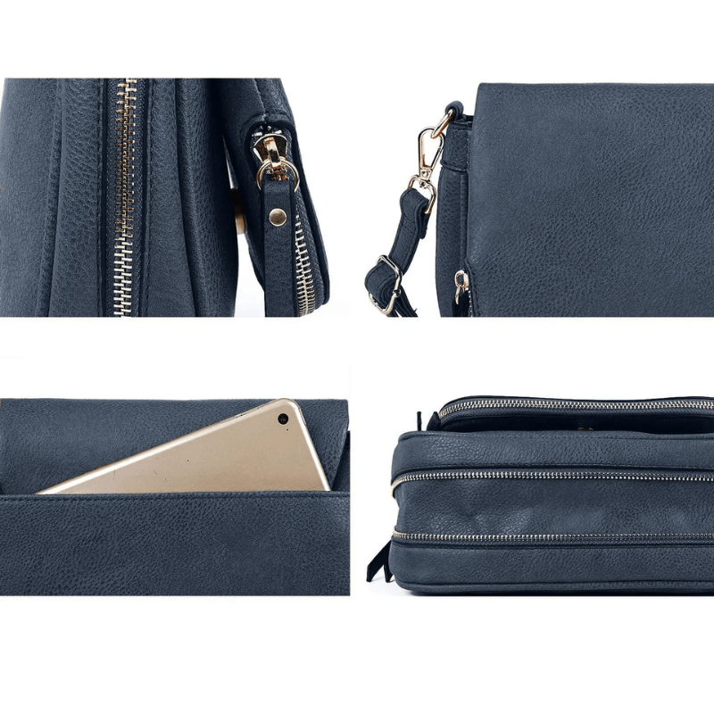 Quatre détails du modèle bleu marine, glissière, mousqueton, poche plate et double compartiment