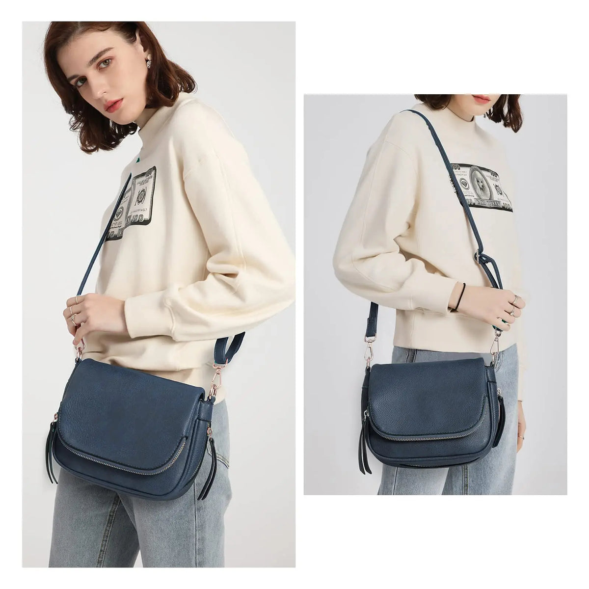 Portée en croisé sur un sweat écru et un jean, la besace bleu marine repose sur la hanche