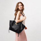 Modèle en robe rose portant le cabas noir à l'épaule, le sac s'ouvre en corolle sur le côté