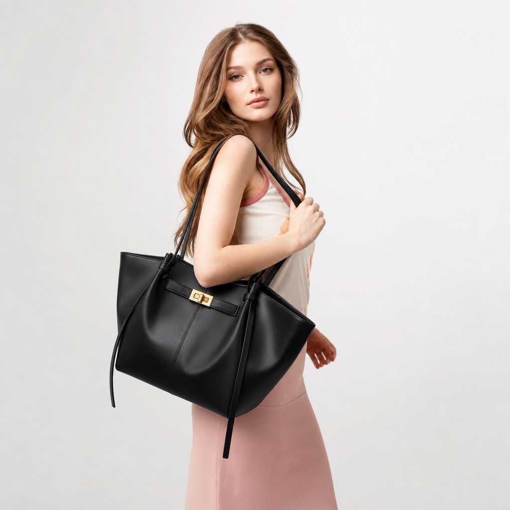 Modèle en robe rose portant le cabas noir à l'épaule, le sac s'ouvre en corolle sur le côté