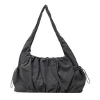Sac hobo en nylon froncé gris anthracite, cordons de serrage latéraux et large anse d'épaule