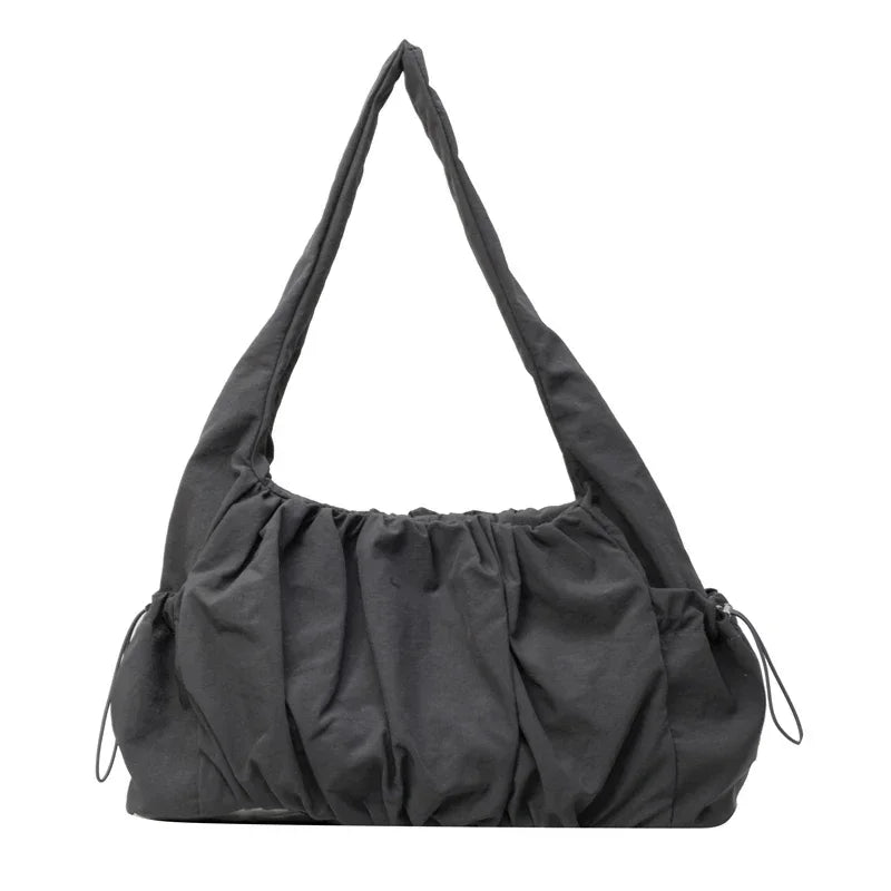 Sac hobo en nylon froncé gris anthracite, cordons de serrage latéraux et large anse d'épaule