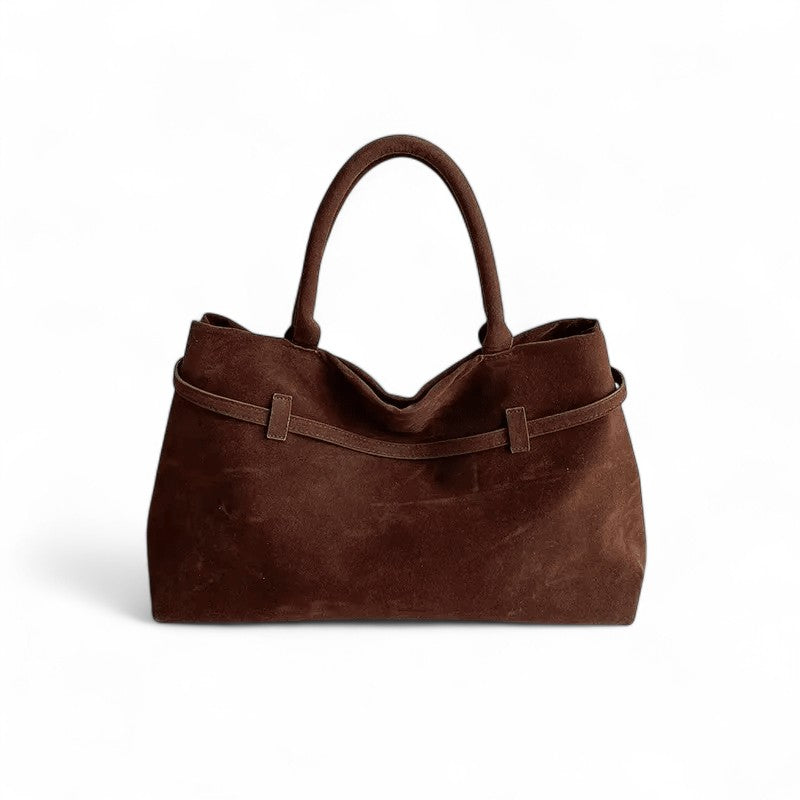 Fourre-tout brun chocolat de face, effet daim souple, ceinture horizontale et anses arrondies