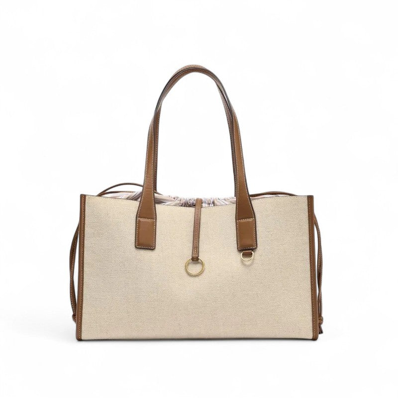 Cabas en toile de coton beige lin, anses et bordures en cuir végan caramel, présenté seul de face