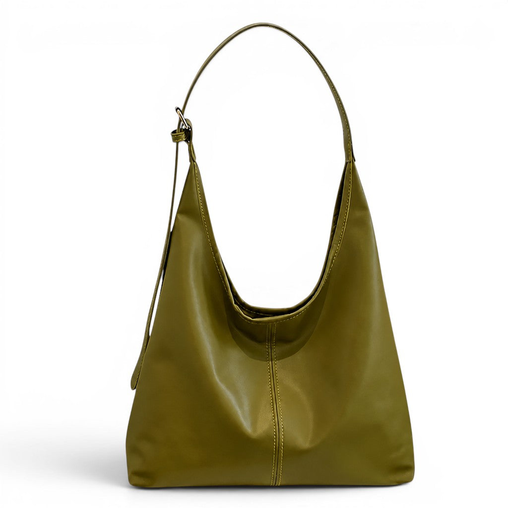 Vert olive mat sur cuir végan lisse, hobo à anse unique réglable, corps souple et fond plat