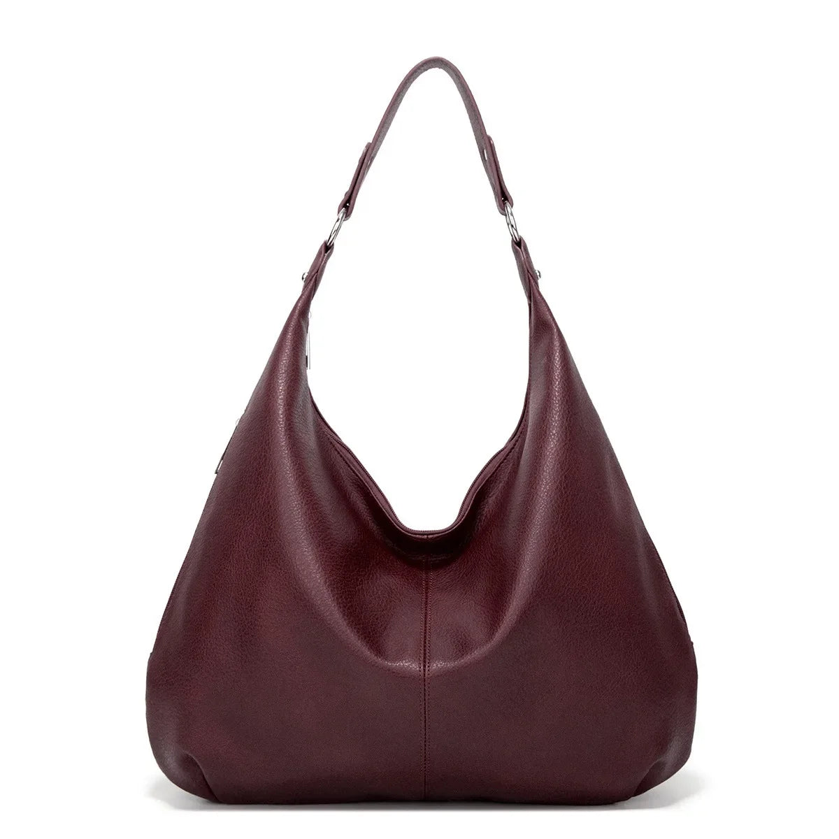 Bordeaux prune profond, le sac hobo est photographié de face, anse rivetée aux anneaux métal