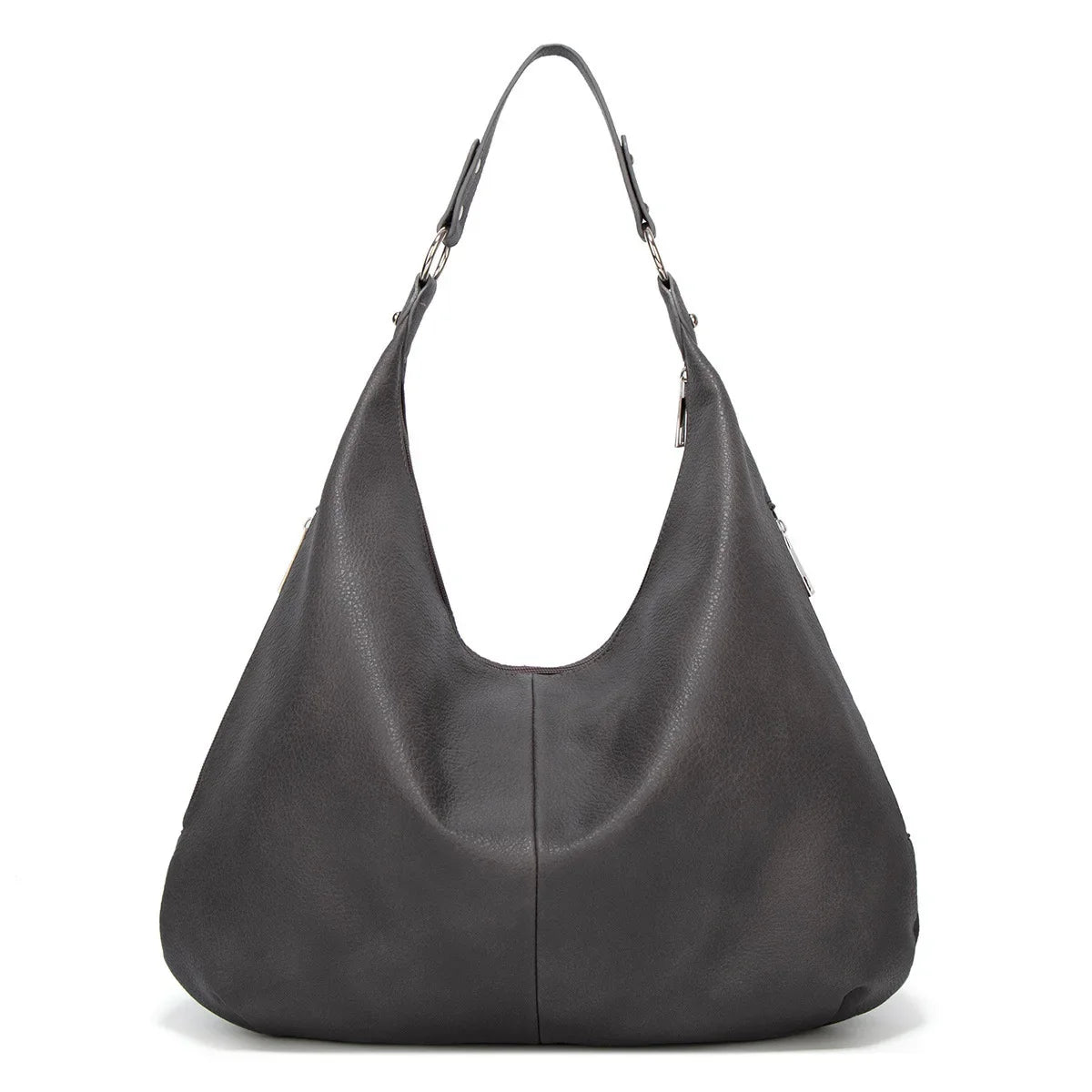 Gris souris uniforme, ce sac en cuir végan est vu de face, silhouette large et fond arrondi