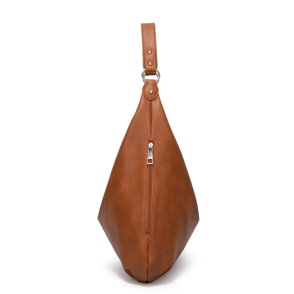 Profil étroit du sac caramel, glissière verticale sur le côté et sangle dressée au-dessus