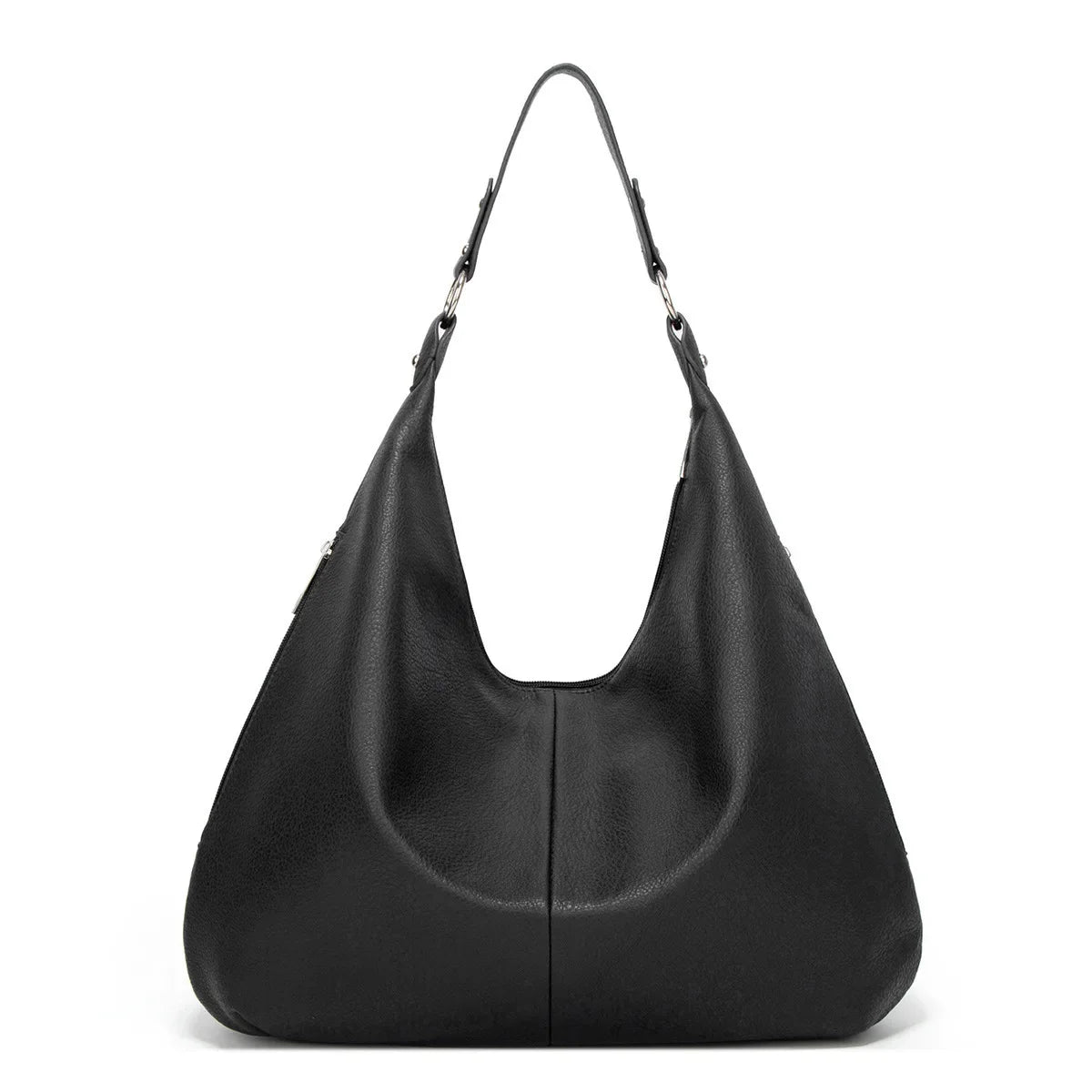 Noir grainé mat, le sac tombe en croissant, vue de face avec son anse d'épaule rembourrée