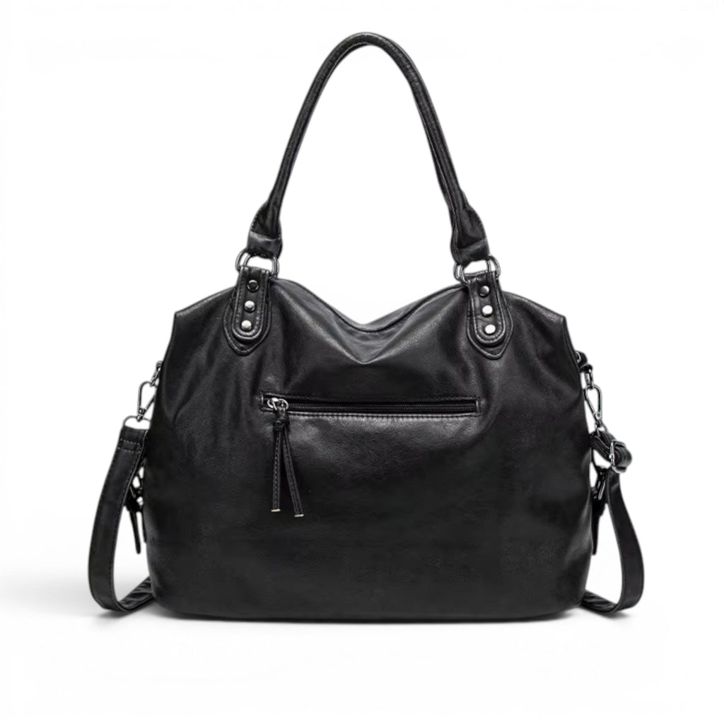 Dos du sac noir, panneau lisse, poche zippée horizontale et anses souples rassemblées en haut