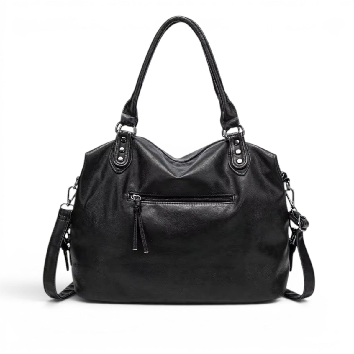 Dos du sac noir, panneau lisse, poche zippée horizontale et anses souples rassemblées en haut