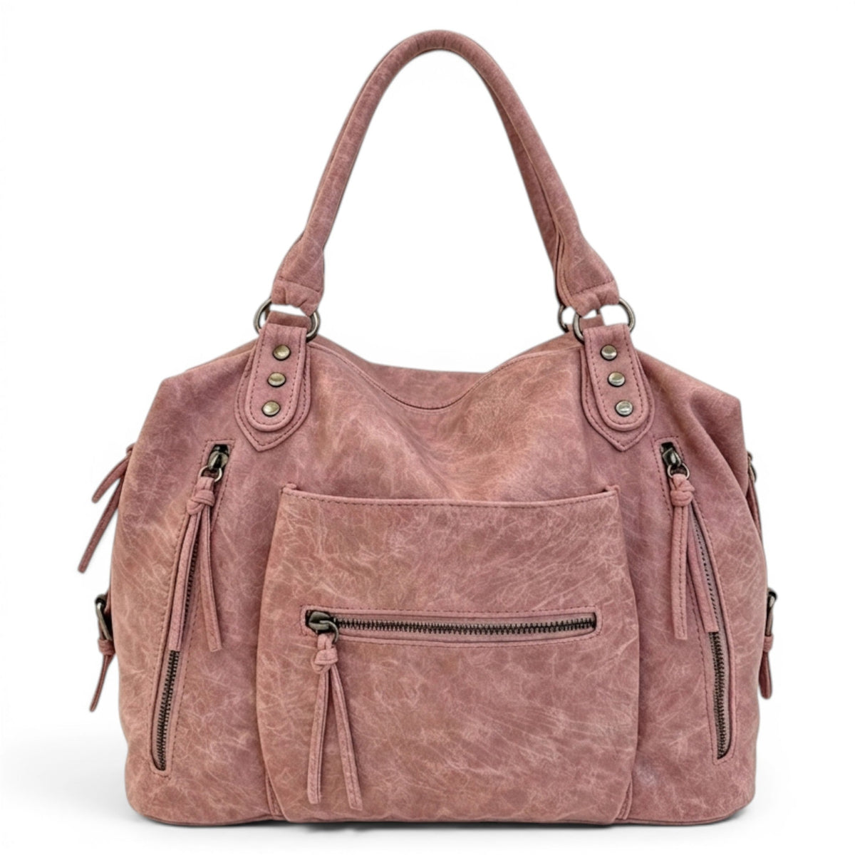 Vieux rose délavé, le sac hobo présente sa poche plaquée et ses zips latéraux à pampille