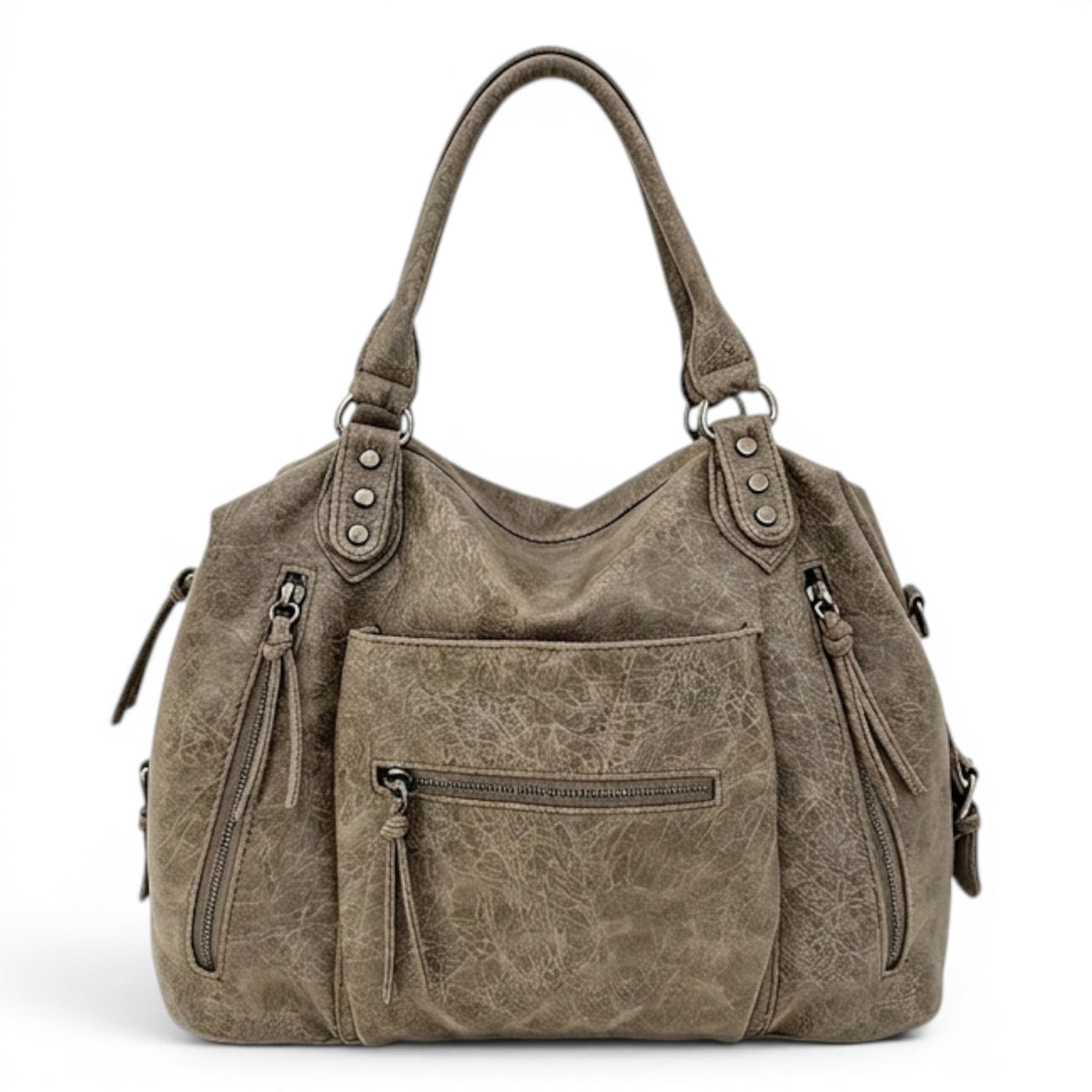 Taupe grège délavé, le grand sac souple affiche ses rivets métal et ses tirettes nouées