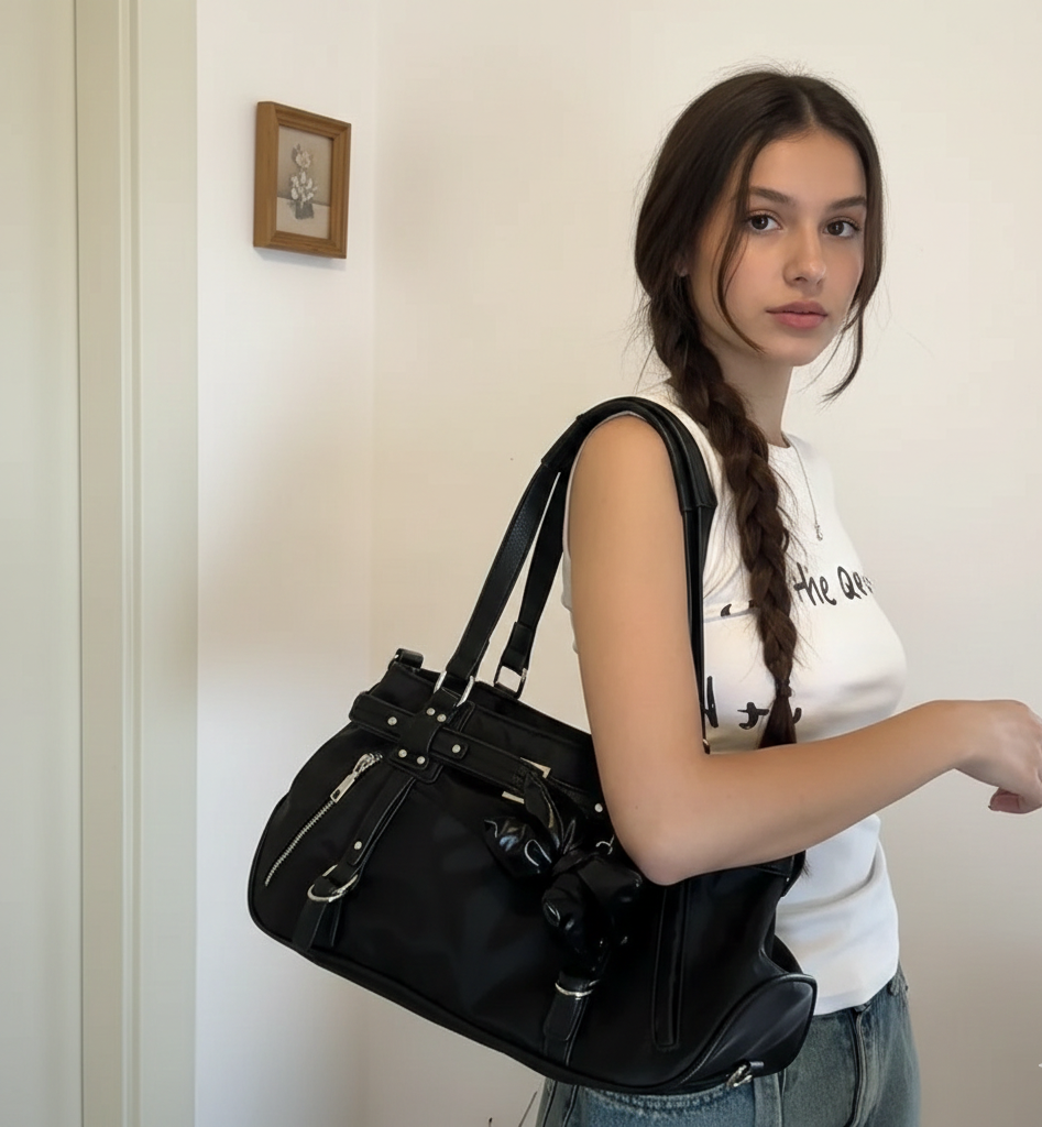 À l'épaule d'une jeune femme en t-shirt blanc, le sac noir tombe le long de la hanche