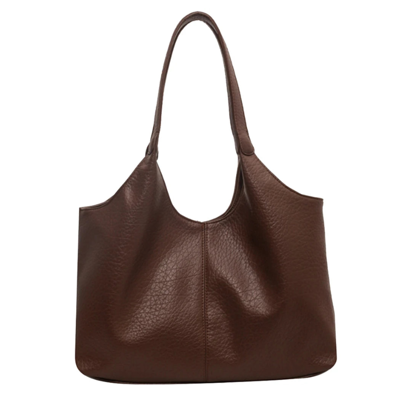 Sac cabas grainé brun café, vu de face, silhouette souple arrondie et couture verticale centrale