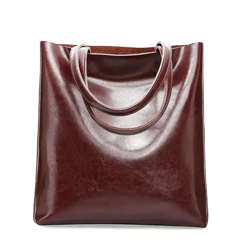 Sac cabas en cuir végan brun acajou lustré, vu de face, doubles anses et ouverture sans fermeture