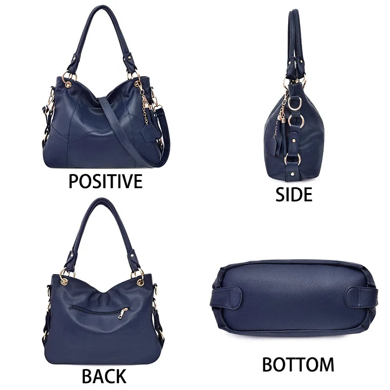 Planche des quatre faces du sac bleu marine : avant, profil, dos et fond plat renforcé