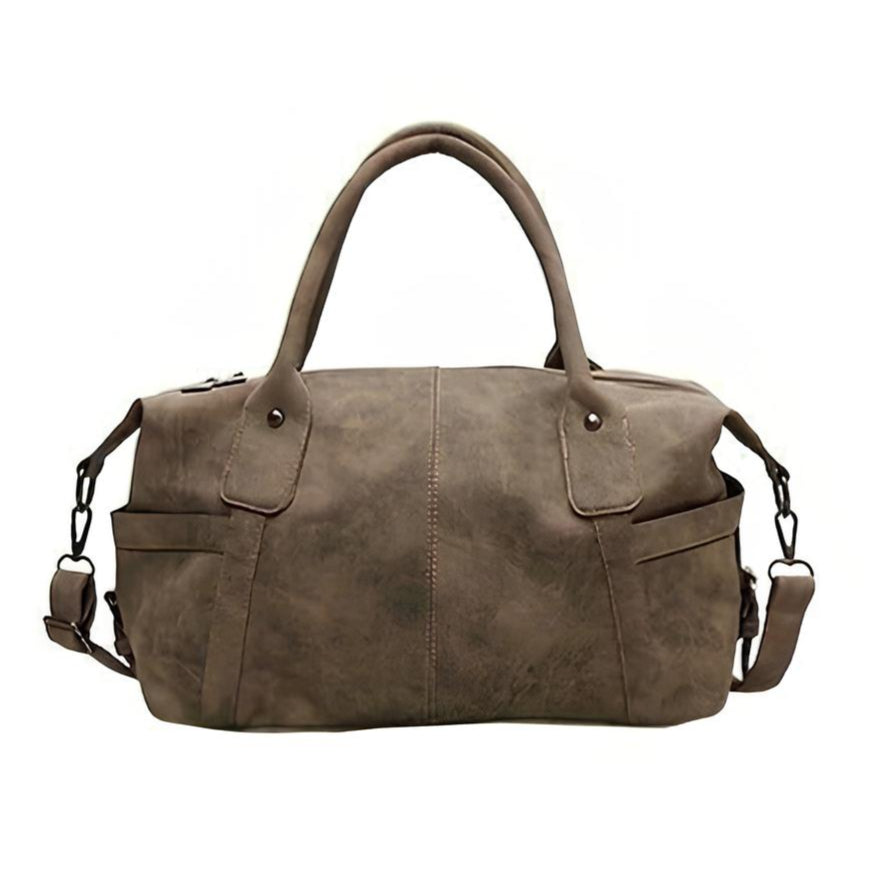 Sac fourre-tout en cuir végan brun taupe à zip central, deux anses rondes et bandoulière amovible