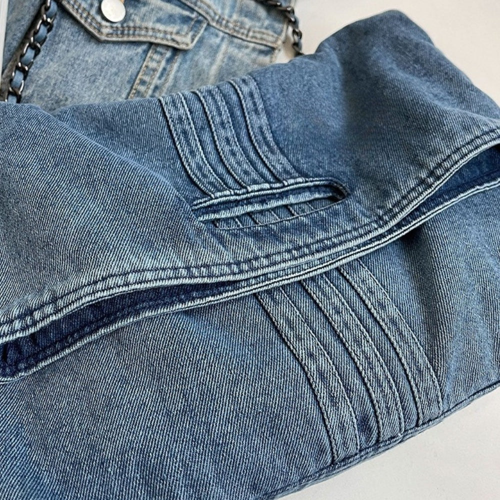 Détail du denim et de ses surpiqûres, plis marqués et petite patte cousue sur le rabat