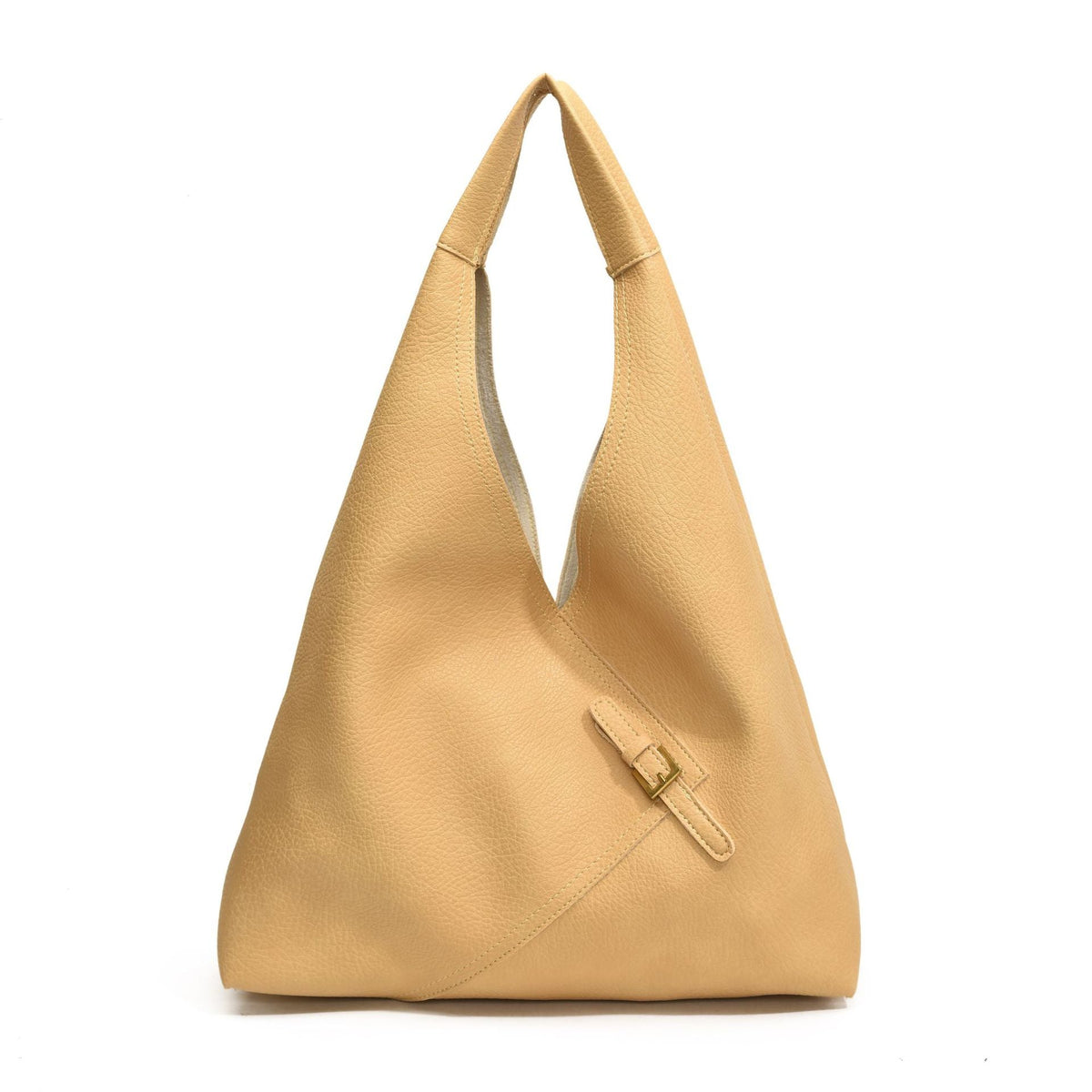 Jaune moutarde clair pour ce hobo grainé vu de face, anse unique et patte de fermeture