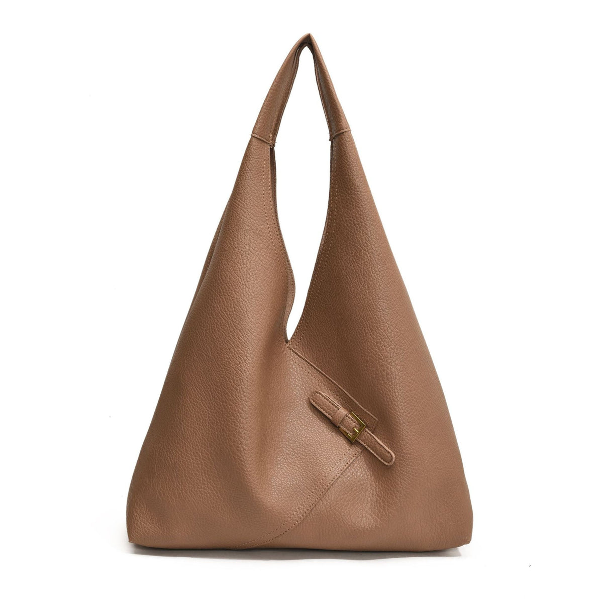 Modèle brun taupe présenté de face, matière grainée mate et petite patte à boucle laiton
