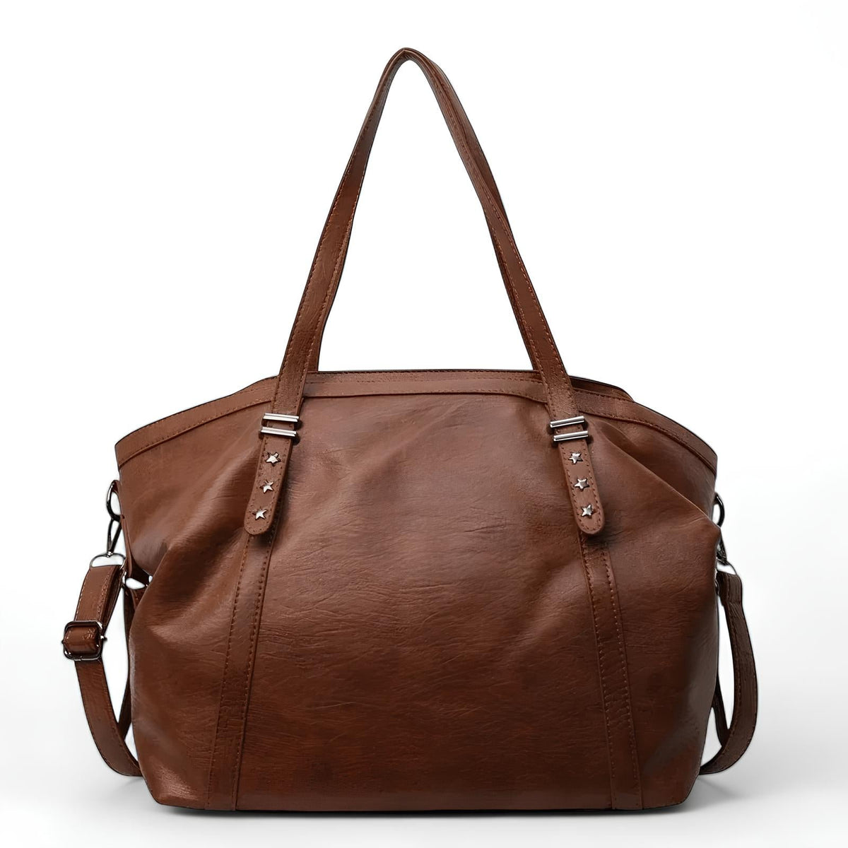 Sac bowling en cuir végan marron sur fond blanc, longues anses et bandoulière réglable