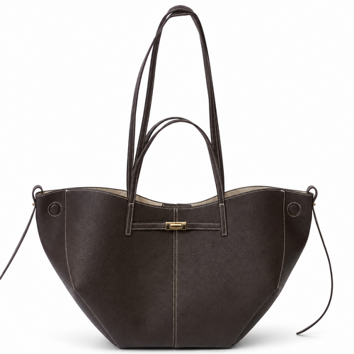 Cabas trapèze en cuir végan grainé marron chocolat, double anse et fermoir doré, vu de face