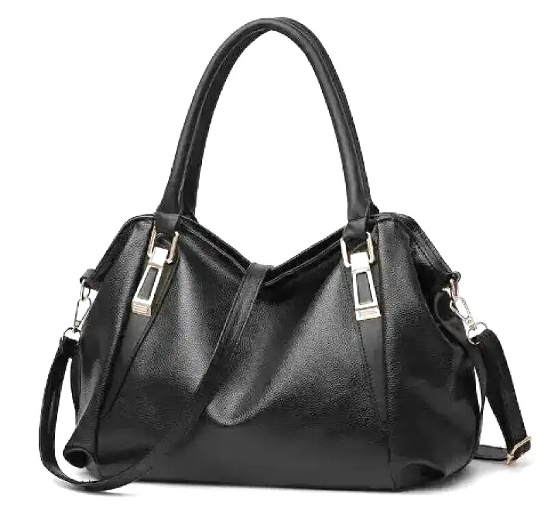 Sac à main noir en cuir végan souple, deux anses rondes, bandoulière amovible et plaques métal
