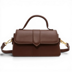 Petit sac à rabat en cuir végan chocolat, poignée arquée et bandoulière à mousquetons dorés
