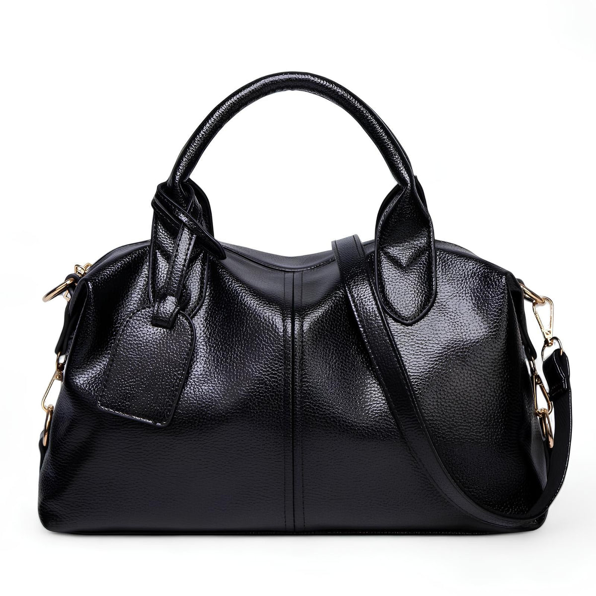 Bowling bag noir au grain souple, deux anses courtes, étiquette pendante et longue sangle amovible