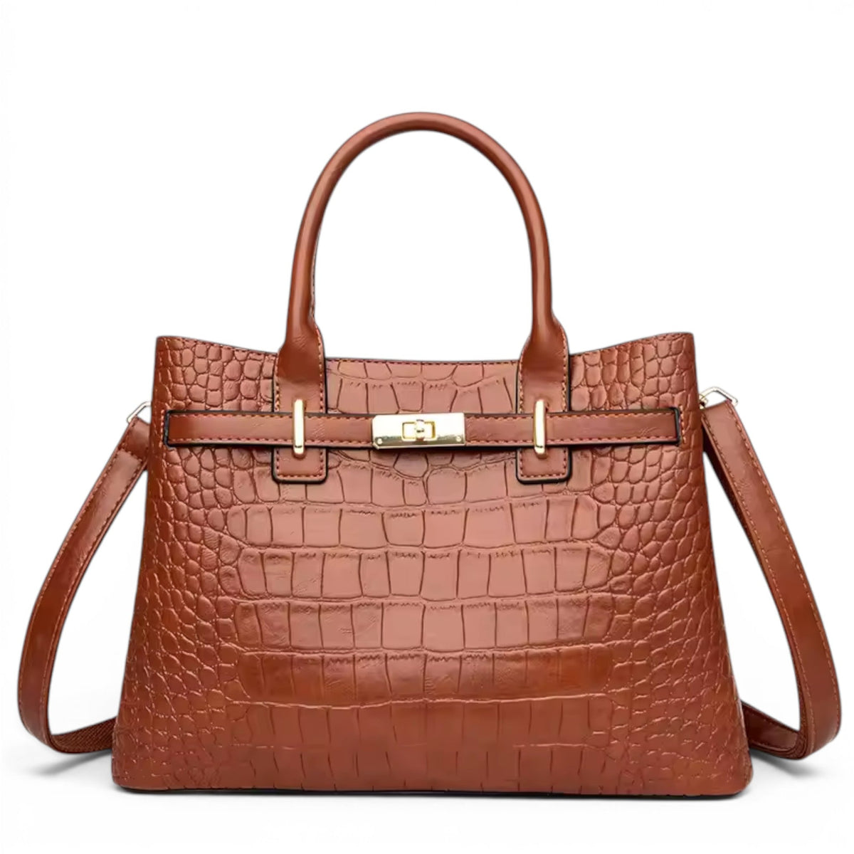 Effet croco cognac sur ce sac à main de face, fermoir doré et longue bandoulière amovible