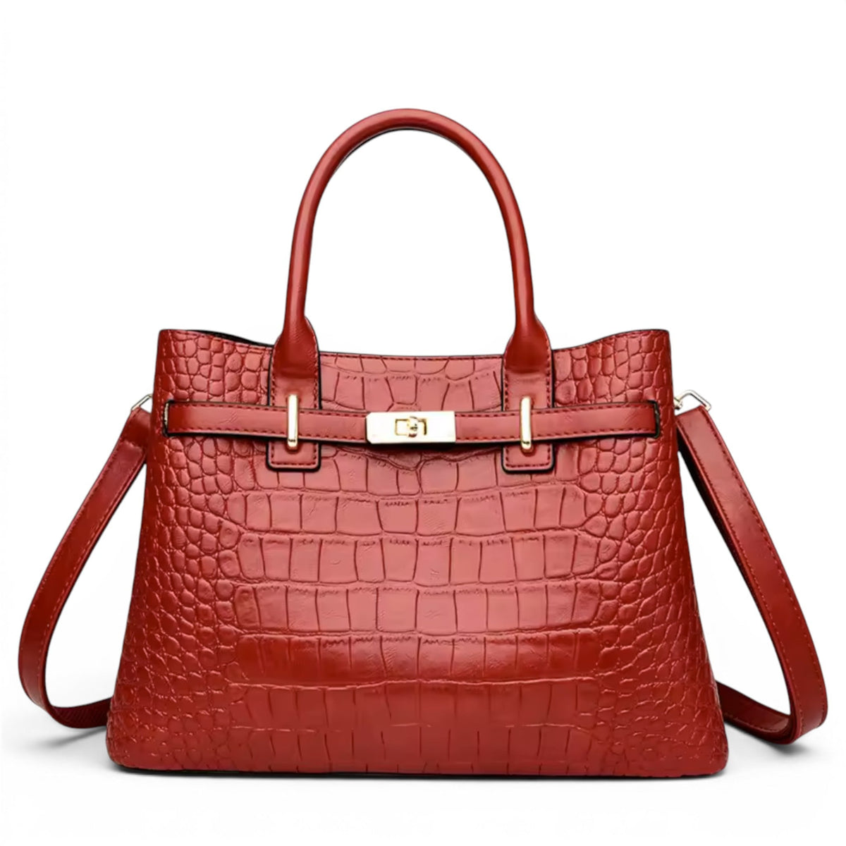Rouge brique et grain croco, le sac à main se présente de face, fermoir tournant doré