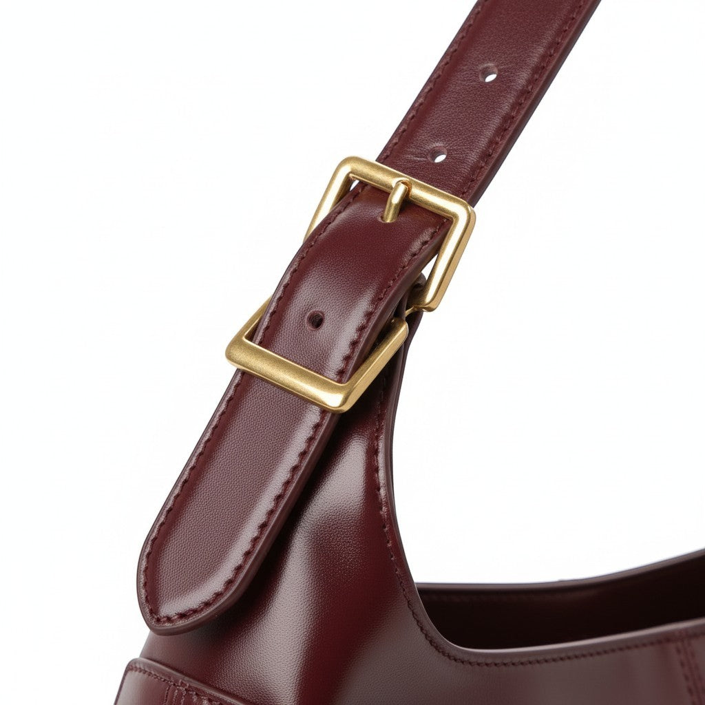 Boucle rectangulaire dorée fermant la sangle réglable, œillets alignés le long du cuir bordeaux