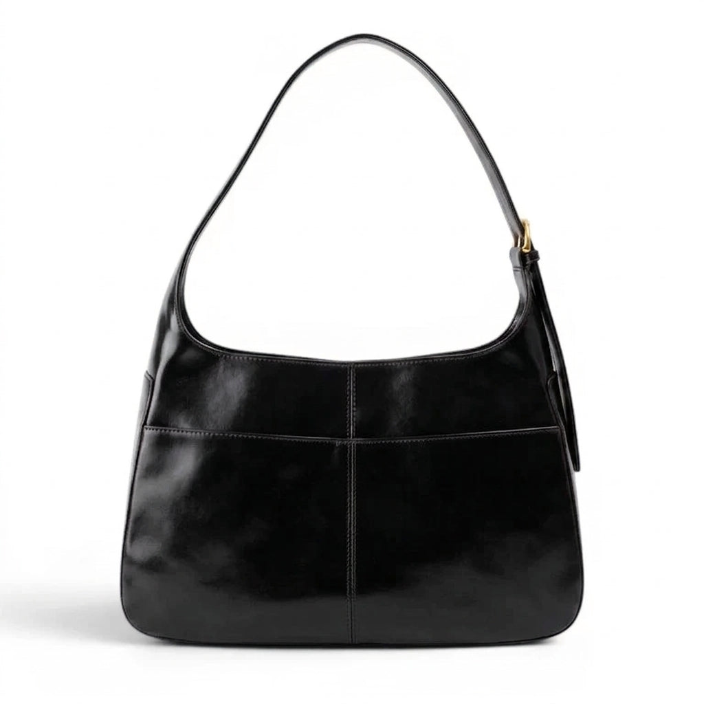 Besace d'épaule en cuir végan lustré noir, anse simple et boucle dorée réglable sur le côté